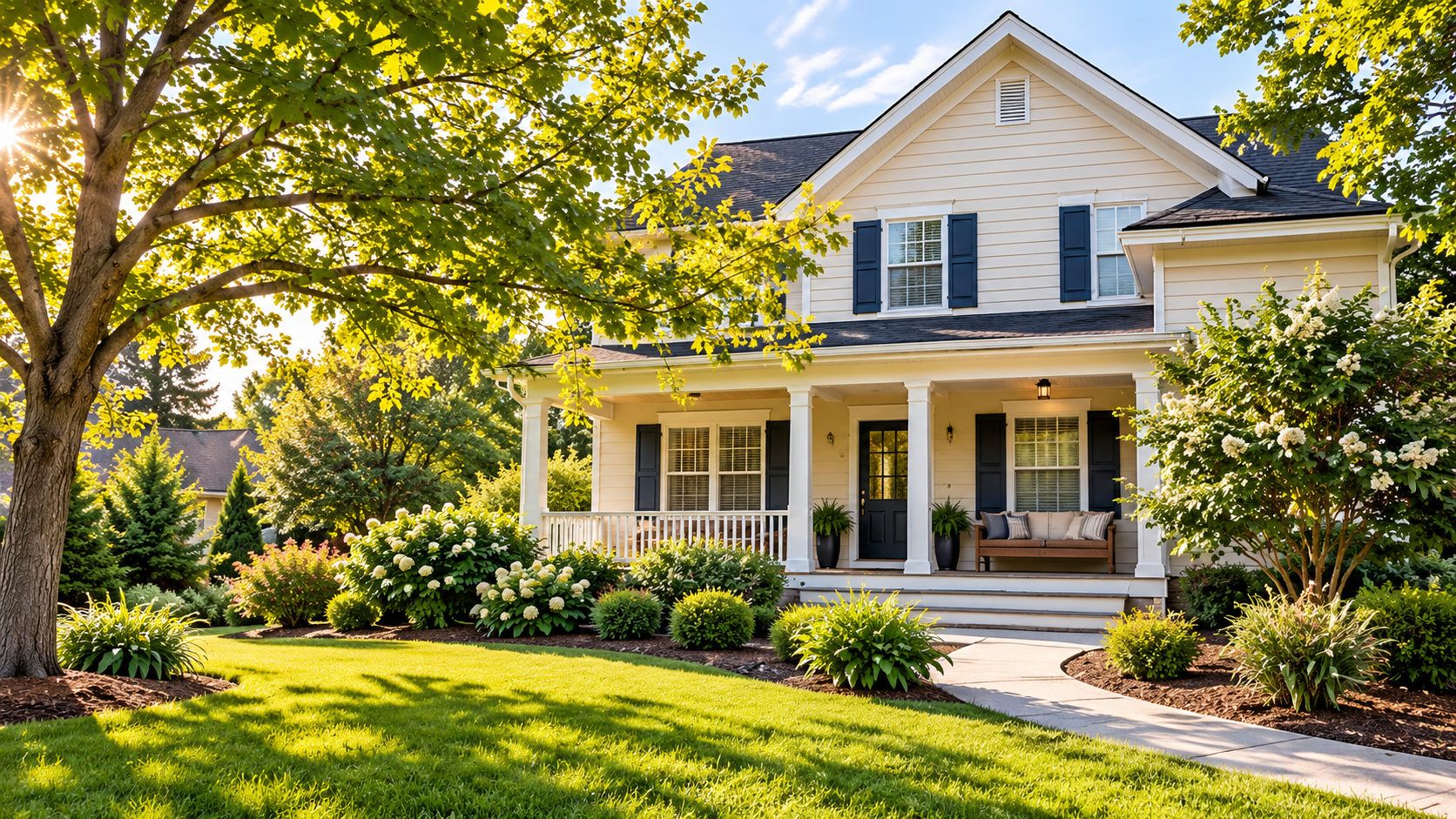 Illustrative home with a front porch, lawn and mature trees. Not the rental discussed in this article.