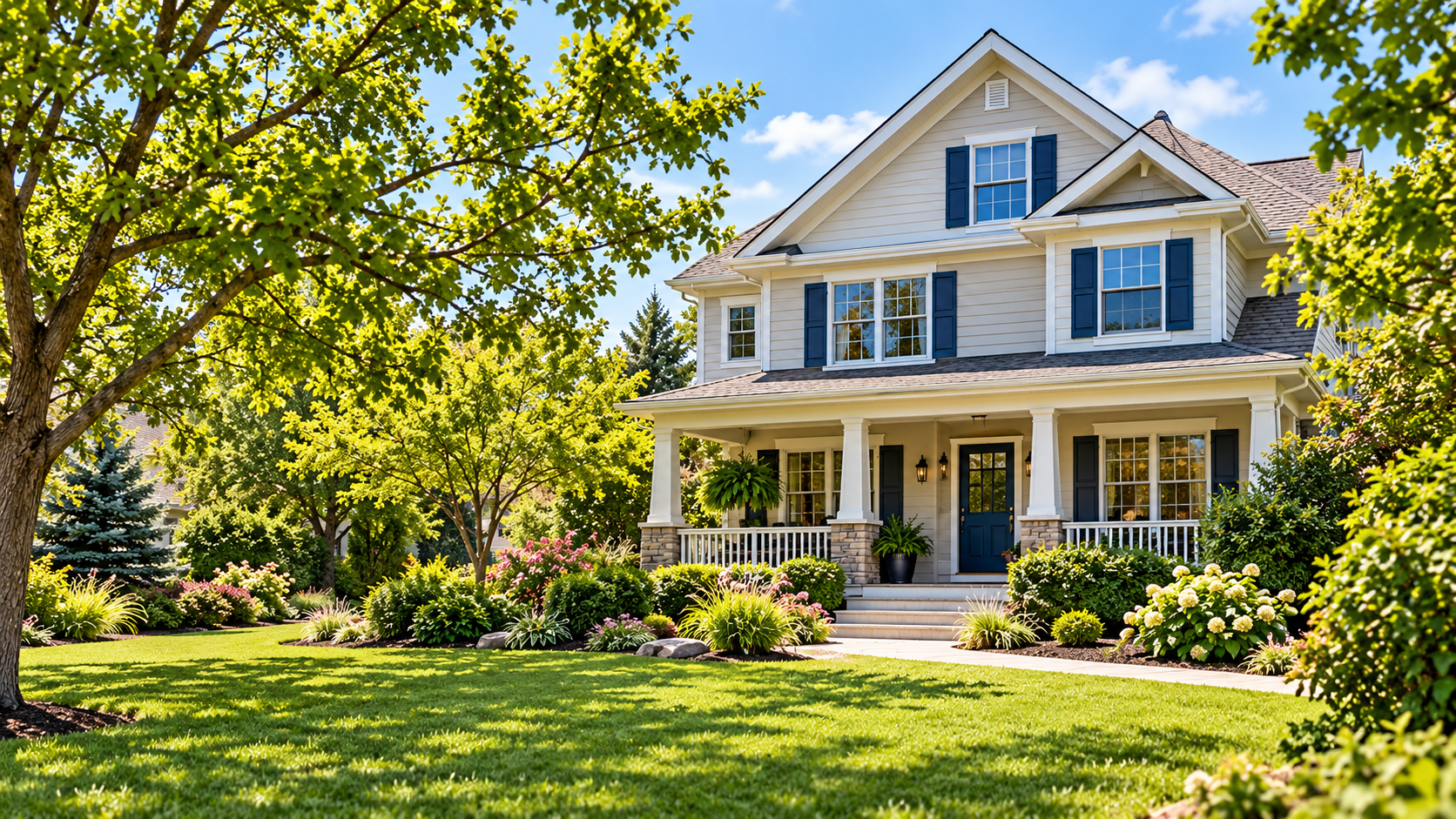 Illustrative house with a covered porch and landscaped front yard. Not a specific available listing.