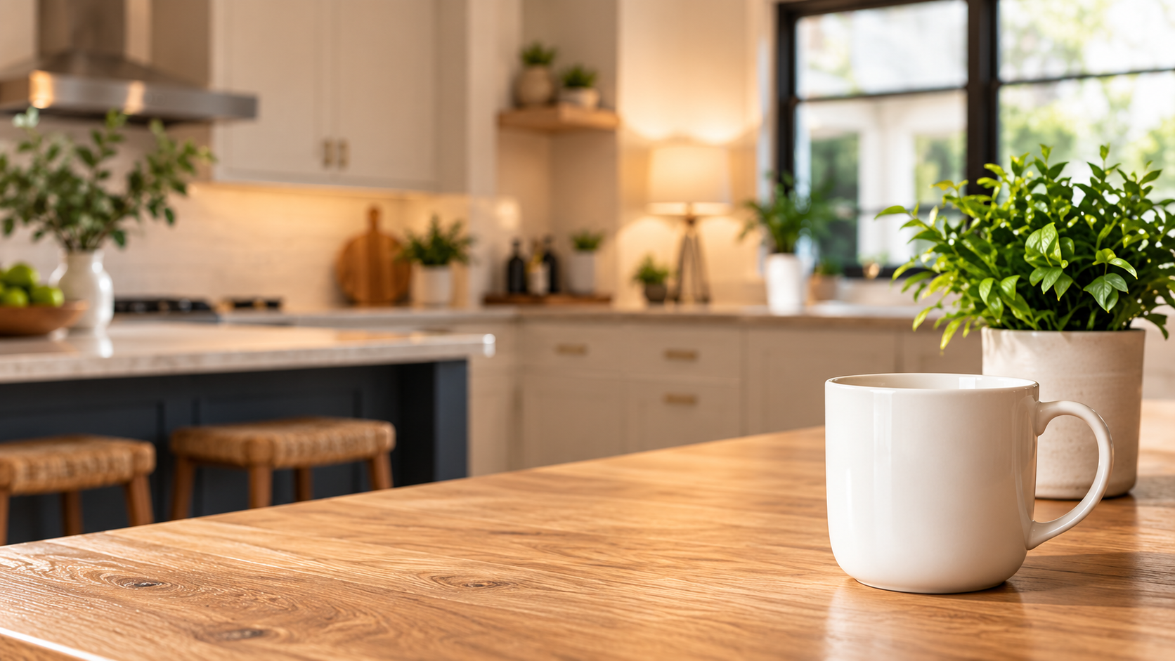 Illustrative sunlit kitchen with a coffee mug and plant on the table.